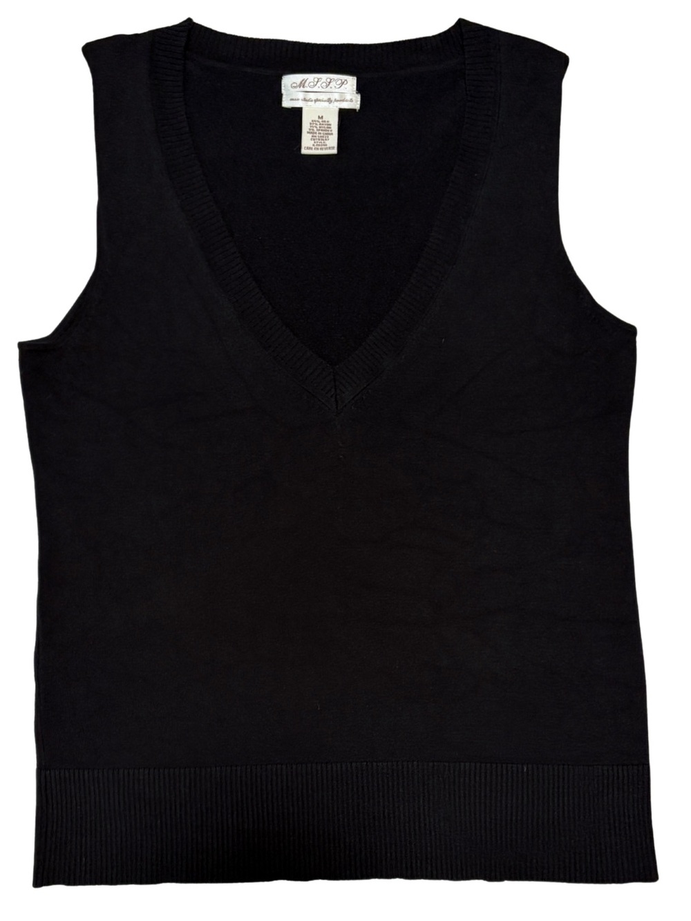 Black V-Neck Silk Blend Sweater Vest - Classic Knit Layering Piece